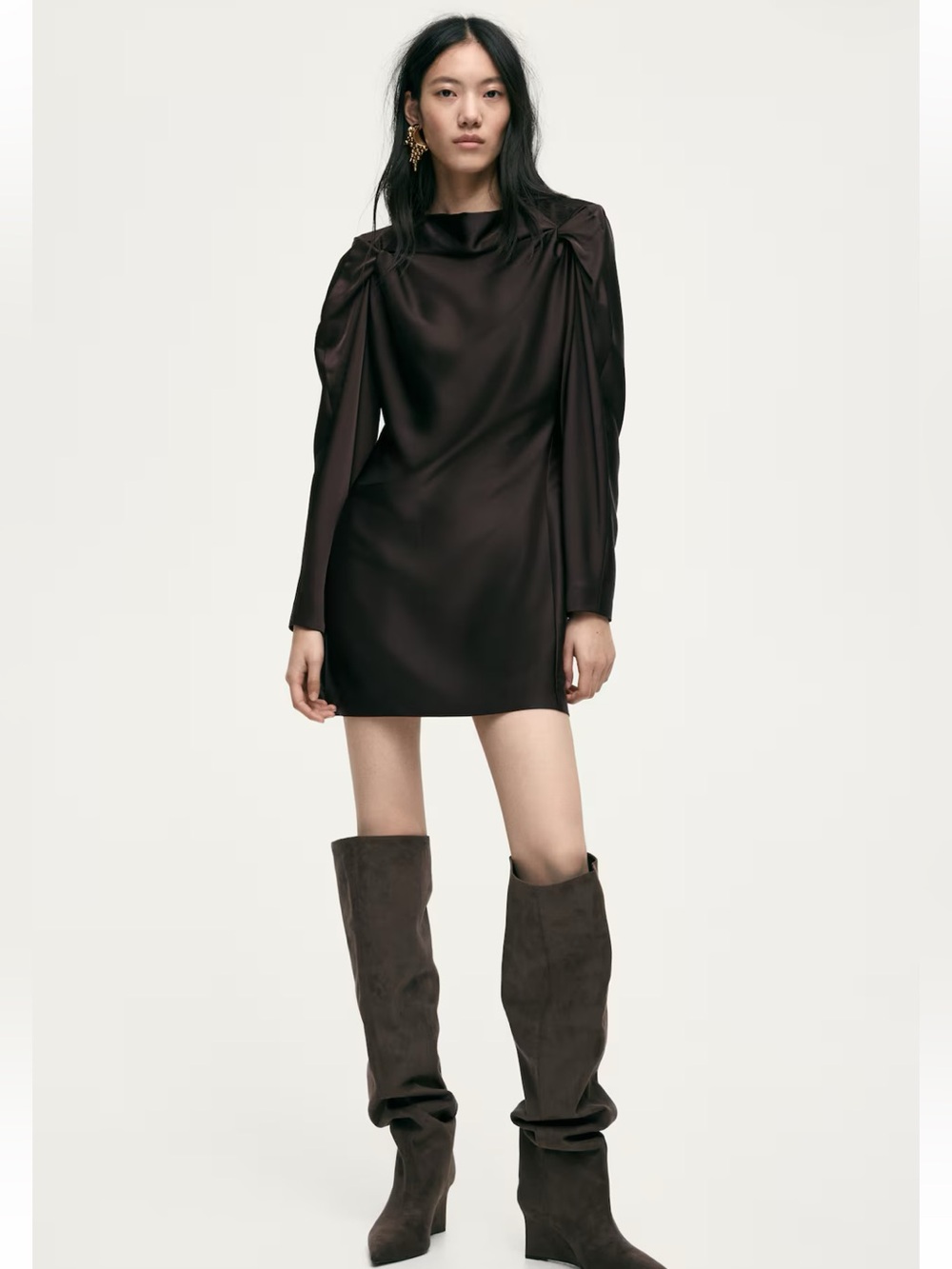 H&M brown long sleeve mini drape dress